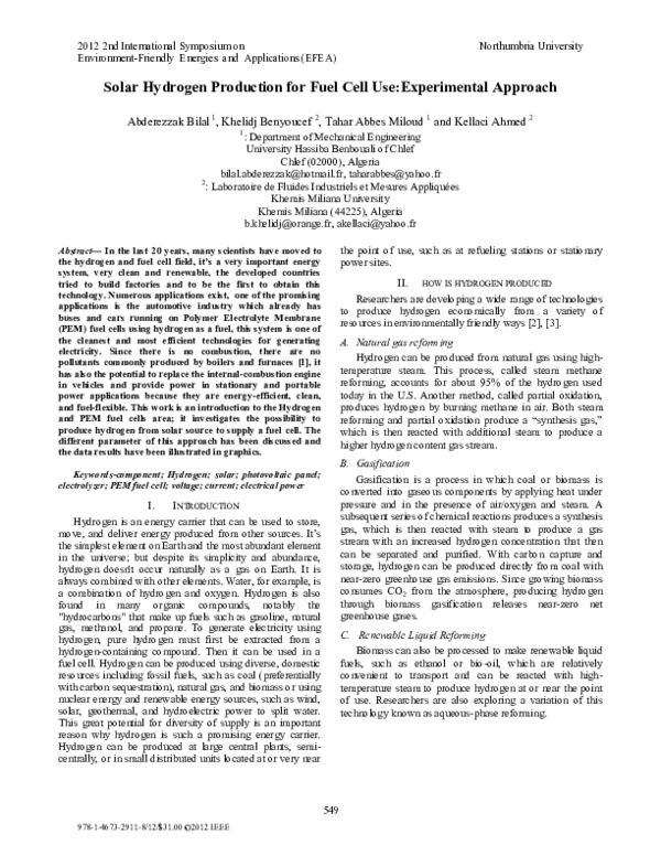 (PDF) Solar hydrogen production for fuel cell use: Experimental approach