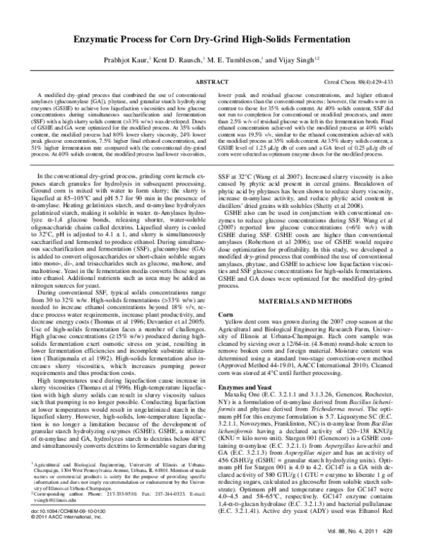 (PDF) Enzymatic Process for Corn Dry-Grind High-Solids Fermentation