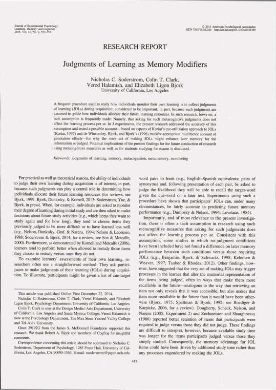 (PDF) Judgments of Learning as Memory Modifiers