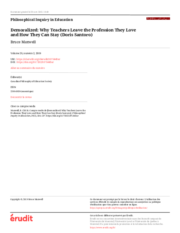 (PDF) Demoralized: Why Teachers Leave the Profession They Love and How ...