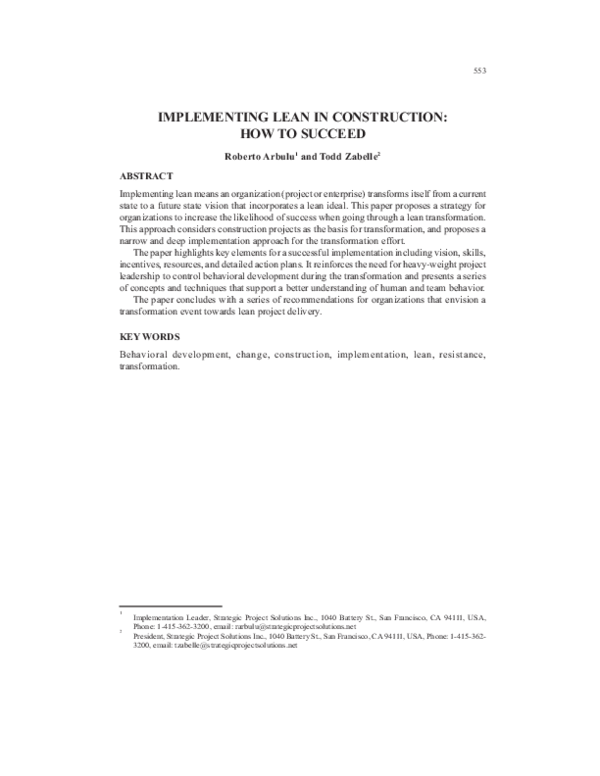 (PDF) Implementing Lean in construction: How to succeed