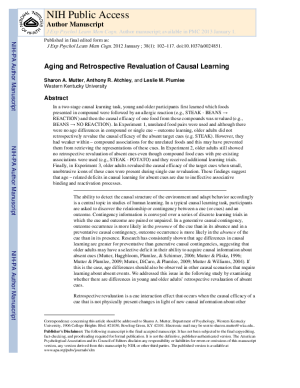 (PDF) Aging and retrospective revaluation of causal learning