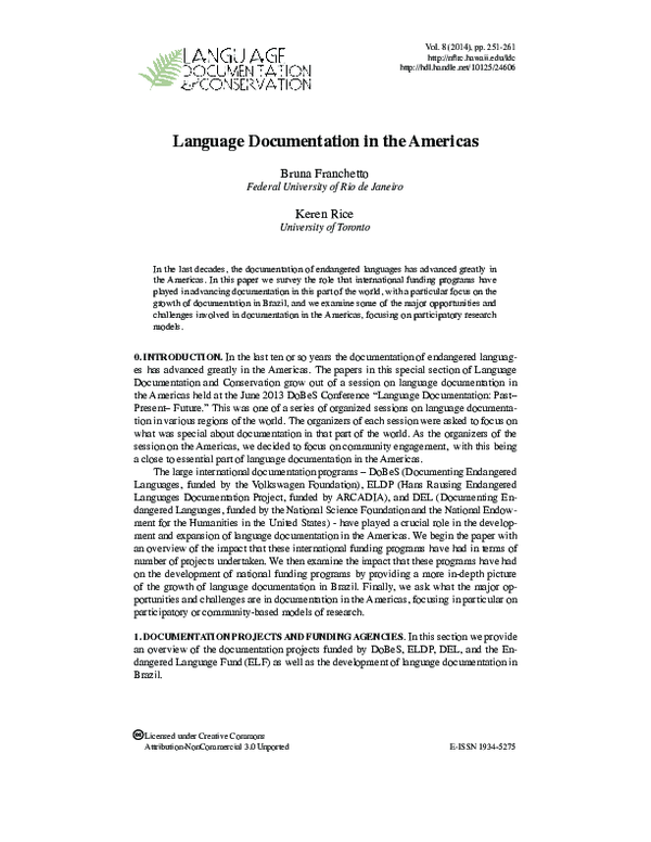 (PDF) Language Documentation in the Americas