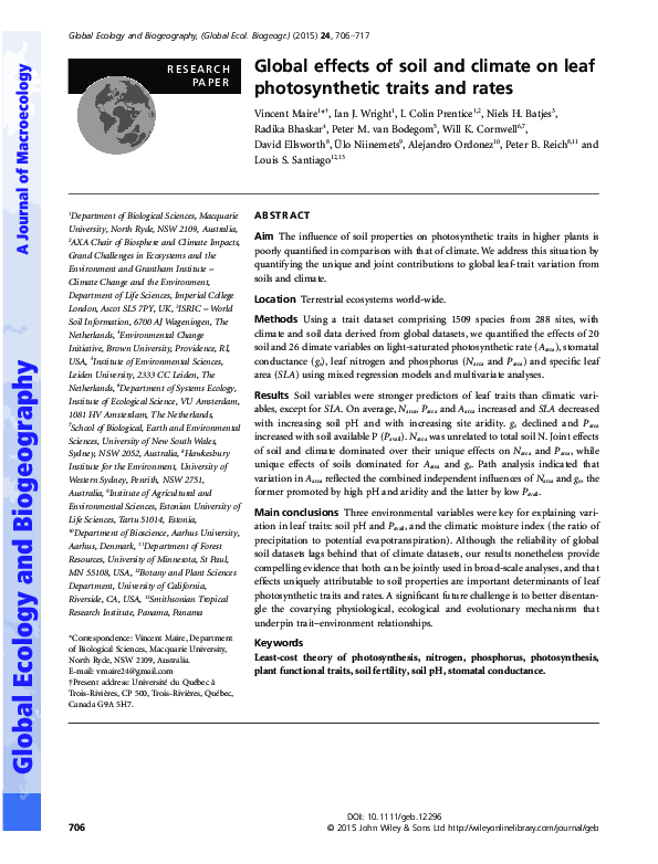 (PDF) Global effects of soil and climate on leaf photosynthetic traits ...