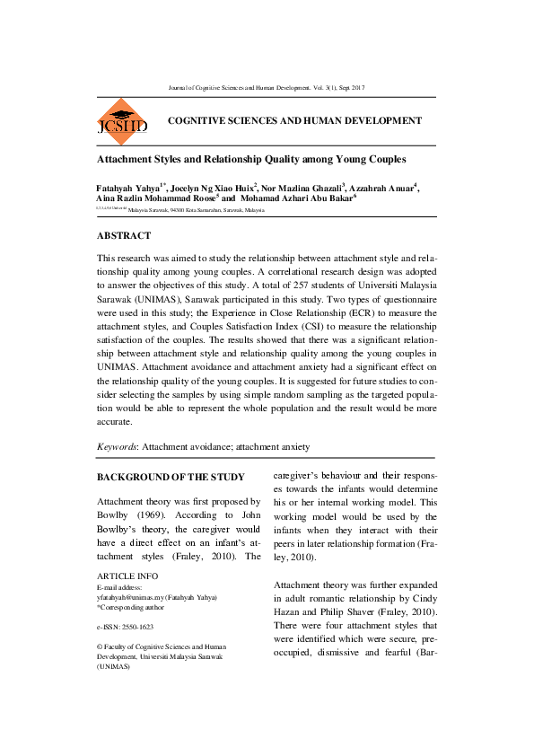 (PDF) Attachment Styles and Relationship Quality among Young Couples
