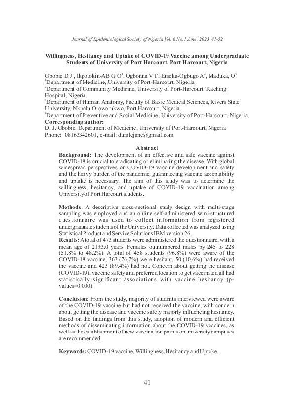 (PDF) Willingness, Hesitancy and Uptake of COVID-19 Vaccine among ...