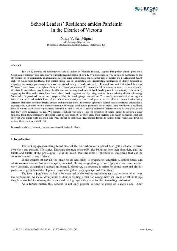 (PDF) School Leaders’ Resilience amidst Pandemic in the District of ...