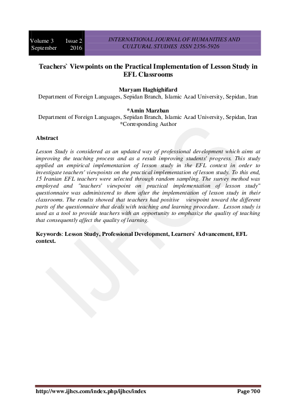 (PDF) Teachers` Viewpoints on the Practical Implementation of Lesson ...