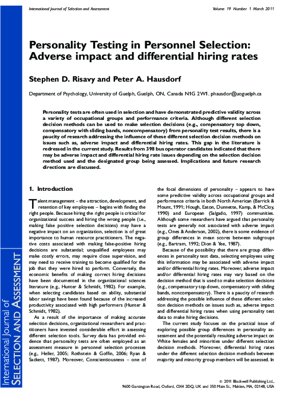 (PDF) Personality Testing in Personnel Selection: Adverse impact and ...