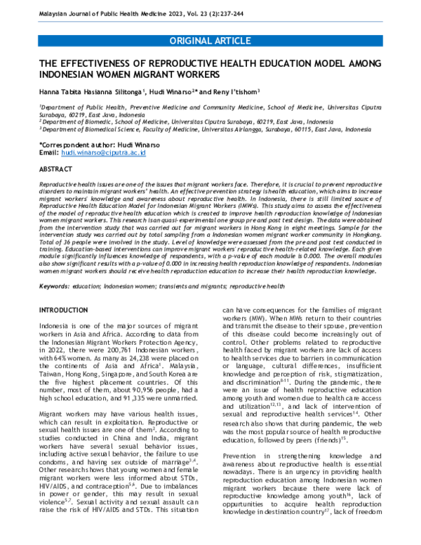 (PDF) The Effectiveness of Reproductive Health Education Model Among ...