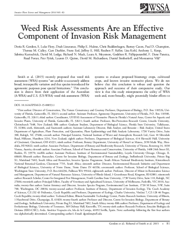 (PDF) Weed Risk Assessments Are an Effective Component of Invasion Risk ...