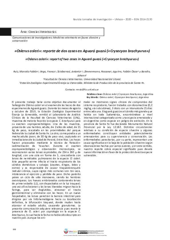 (PDF) Oslerus osleri: reporte de dos casos en Aguará guazú (Crysocyon ...