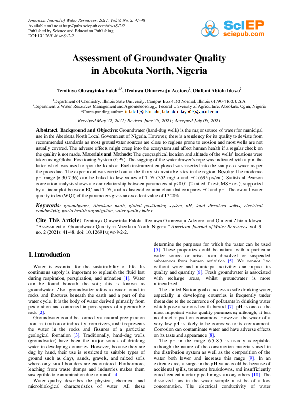 (PDF) Water Quality Assessment of Groundwater Sources in Abeokuta North ...
