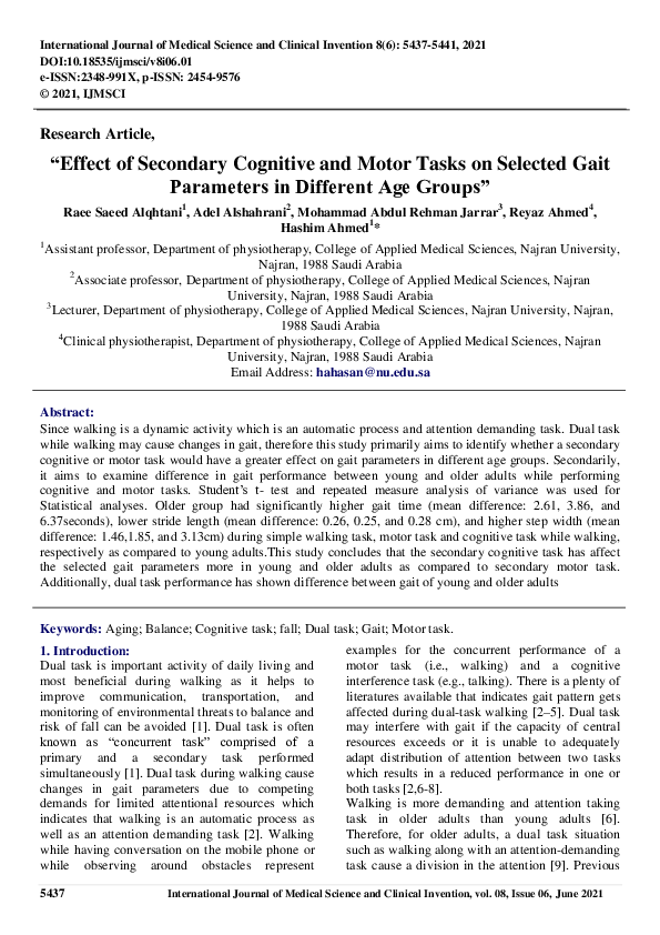 (PDF) “Effect of Secondary Cognitive and Motor Tasks on Selected Gait ...