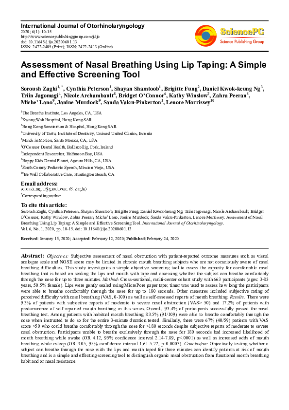 (PDF) Assessment of Nasal Breathing Using Lip Taping: A Simple and ...