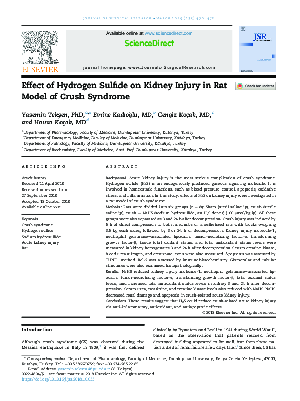 (PDF) Effect of Hydrogen Sulfide on Kidney Injury in Rat Model of Crush ...
