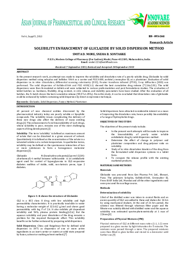 (PDF) Solubility Enhancement of Gliclazide by Solid Dispersion Method