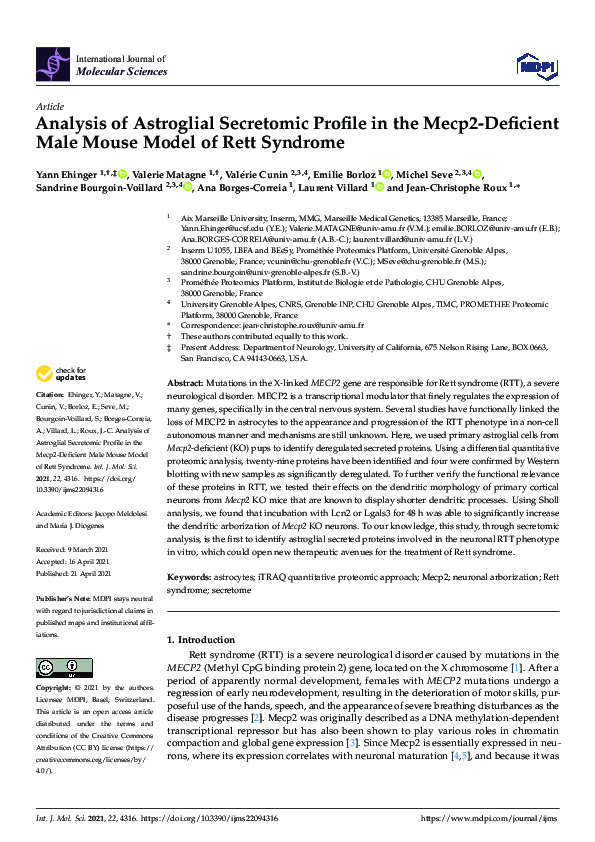 Analysis of Astroglial Secretomic Profile in the Mecp2-Deficient Male Mouse Model of Rett Syndrome