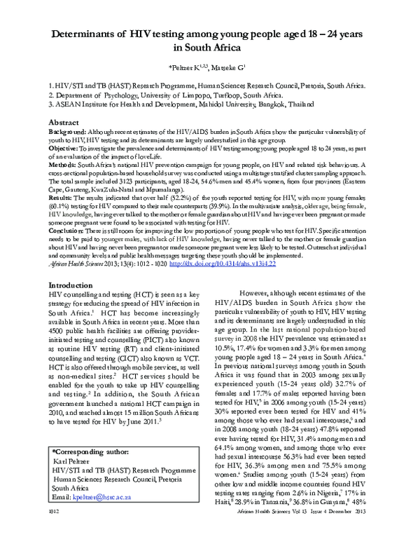 (PDF) Determinants of HIV testing among young people in South Africa