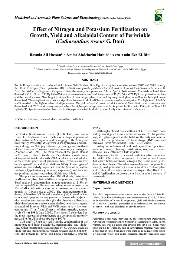 (PDF) Effect of Nitrogen and Potassium Fertilization on Growth, Yield ...
