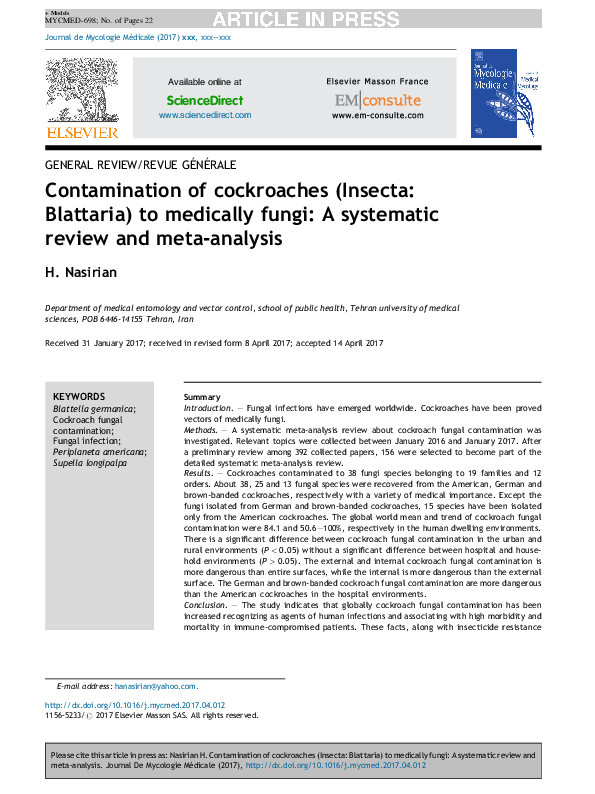 (PDF) Contamination of cockroaches (Insecta: Blattaria) to medically ...