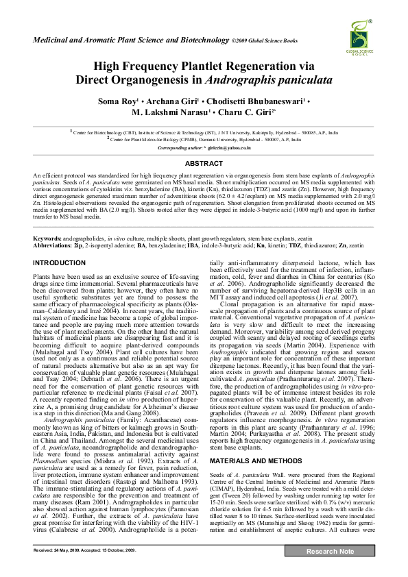 (PDF) High Frequency Plantlet Regeneration via Direct Organogenesis in ...