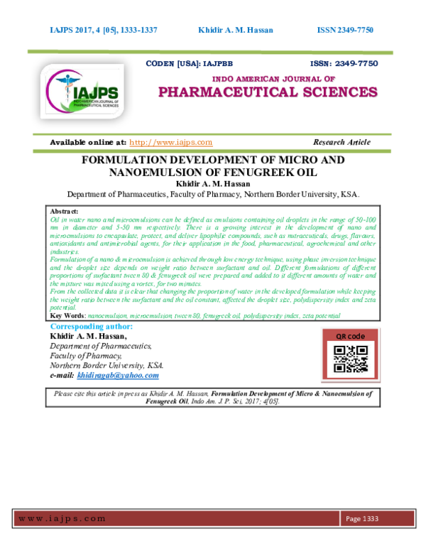 (PDF) Formulation Development Of Micro And Nanoemulsion Of Fenugreek Oil