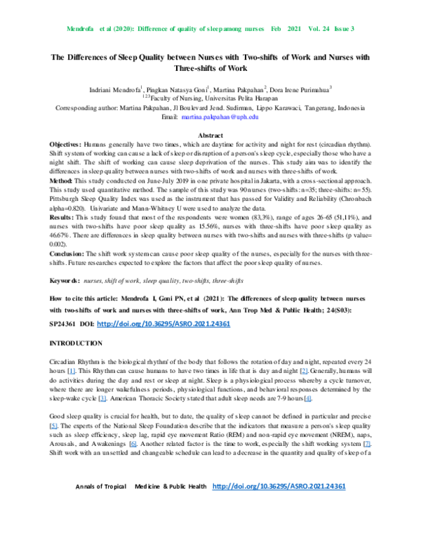 (PDF) The Differences of Sleep Quality between Nurses with Two-shifts ...