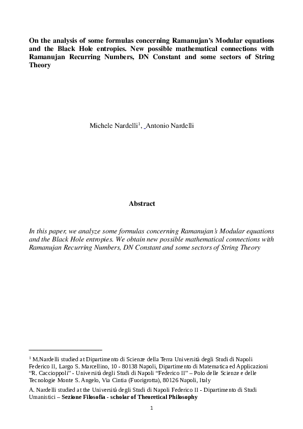 (PDF) On the analysis of some formulas concerning Ramanujan's Modular ...