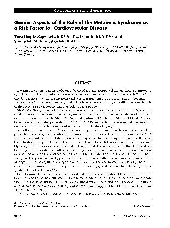 (PDF) Gender Aspects of the Role of the Metabolic Syndrome as a Risk ...