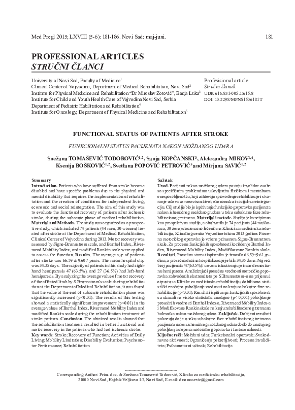 (PDF) Functional status of patients after stroke