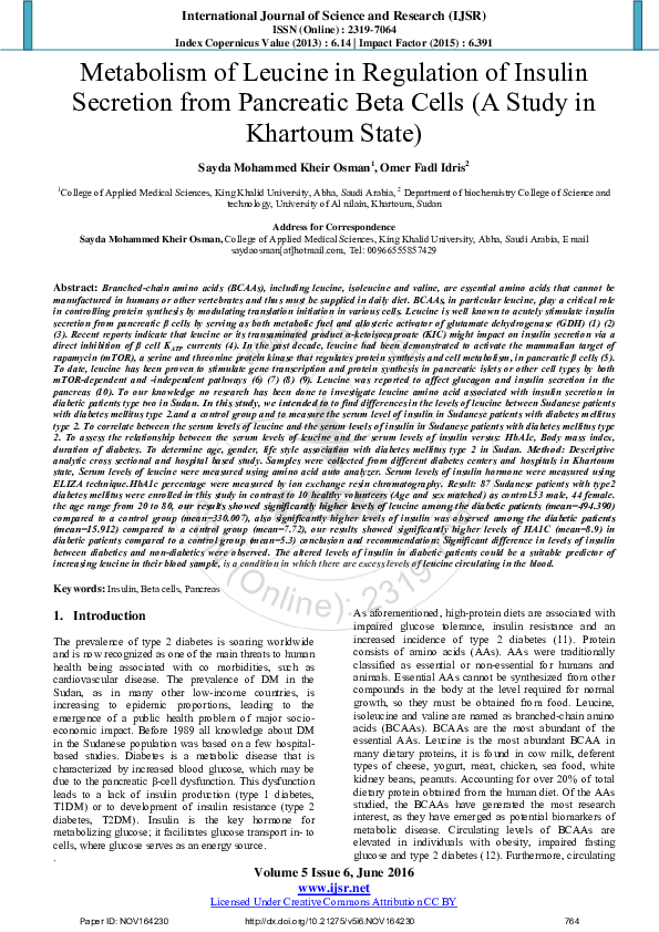 Metabolism of Leucine in Regulation of Insulin Secretion from Pancreatic Beta Cells (A Study in Khartoum State)