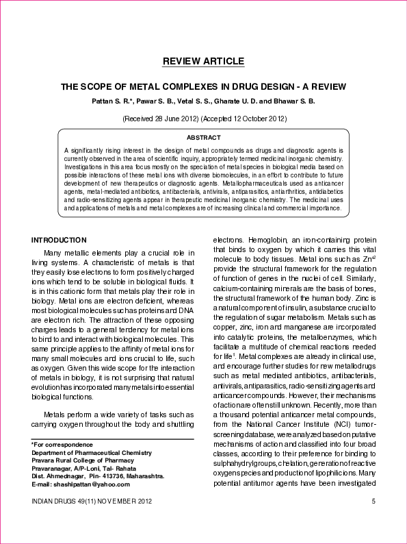 (PDF) The Scope of Metal Complexes in Drug Design - a Review