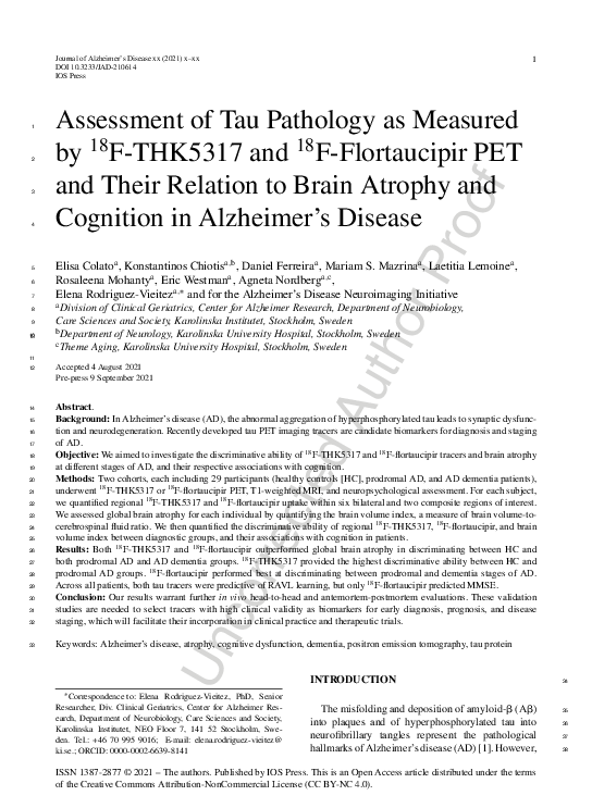 (PDF) Assessment of Tau Pathology as Measured by 18F-THK5317 and 18F ...