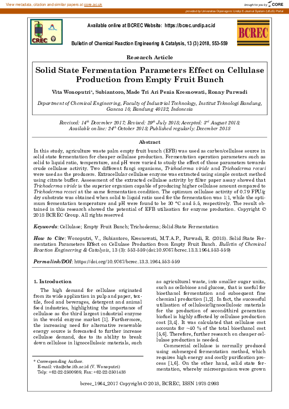 (PDF) Solid State Fermentation Parameters Effect on Cellulase ...