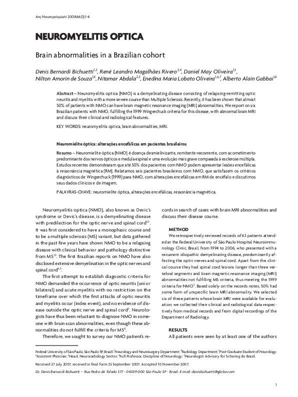 (PDF) Neuromyelitis optica: brain abnormalities in a Brazilian cohort