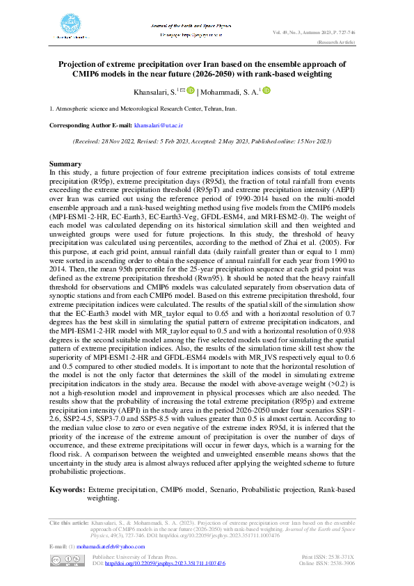 (PDF) Projection of extreme precipitation over Iran based on the ...