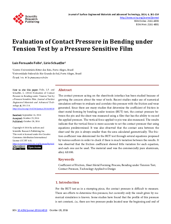 (PDF) Evaluation of Contact Pressure in Bending under Tension Test by a ...