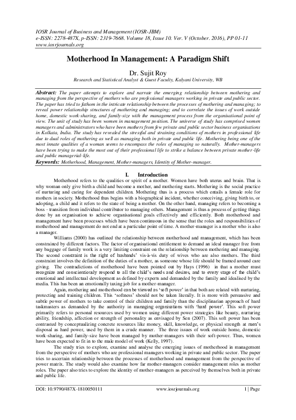 Motherhood in Management: A Paradigm Shift