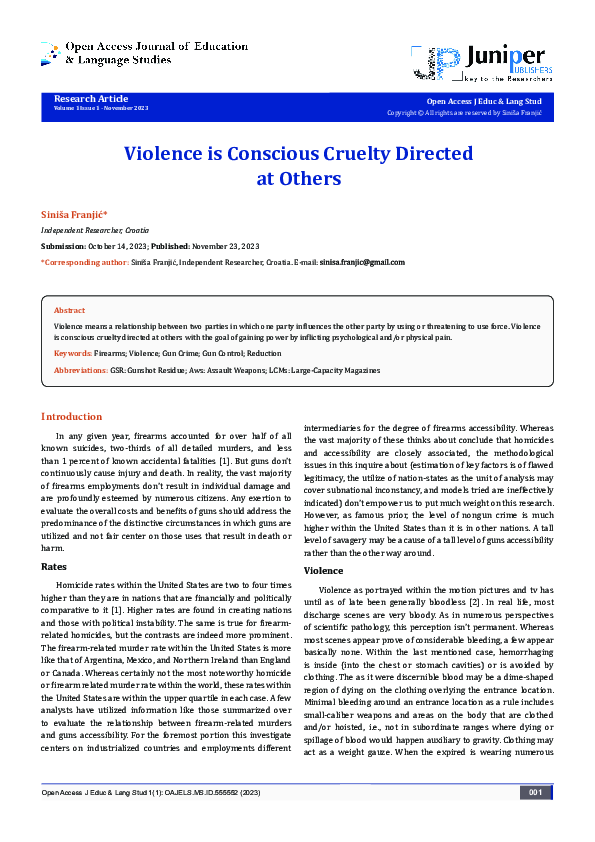 (PDF) Violence is Conscious Cruelty Directed at Others