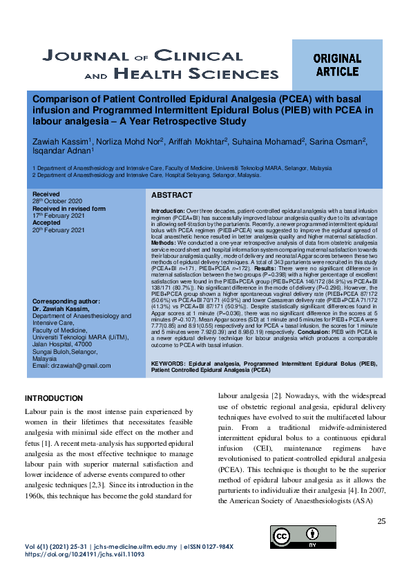 (PDF) Comparison of Patient-Controlled Epidural Analgesia (PCEA) with ...
