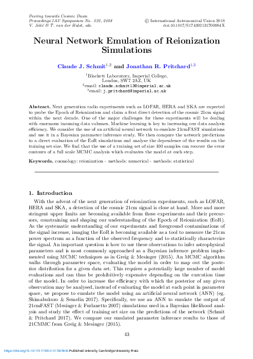 (PDF) Neural Network Emulation of Reionization Simulations