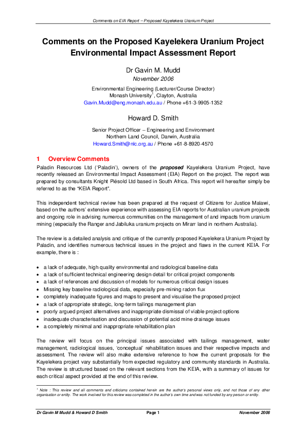 (PDF) Comments on the Proposed Kayelekera Uranium Project Environmental ...