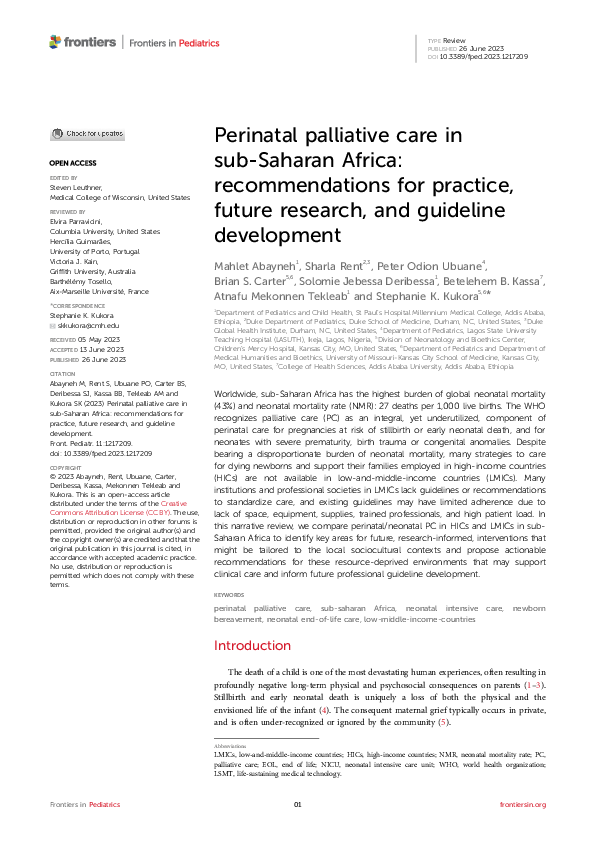 (PDF) Perinatal palliative care in sub-Saharan Africa: recommendations ...