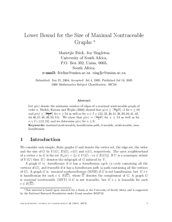 (PDF) Lower Bound for the Size of Maximal Nontraceable Graphs