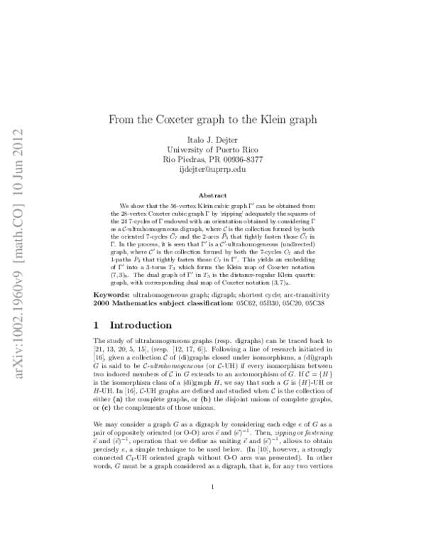 (PDF) From the Coxeter graph to the Klein graph