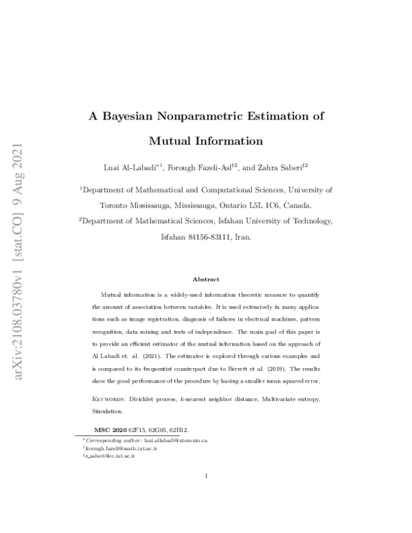 (PDF) A Bayesian Nonparametric Estimation of Mutual Information