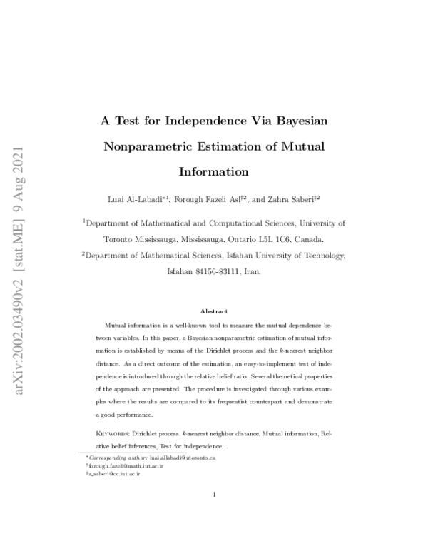 (PDF) A test for independence via Bayesian nonparametric estimation of ...