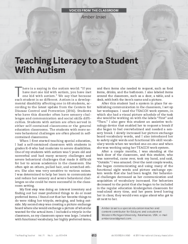(PDF) Teaching Literacy to a Student With Autism