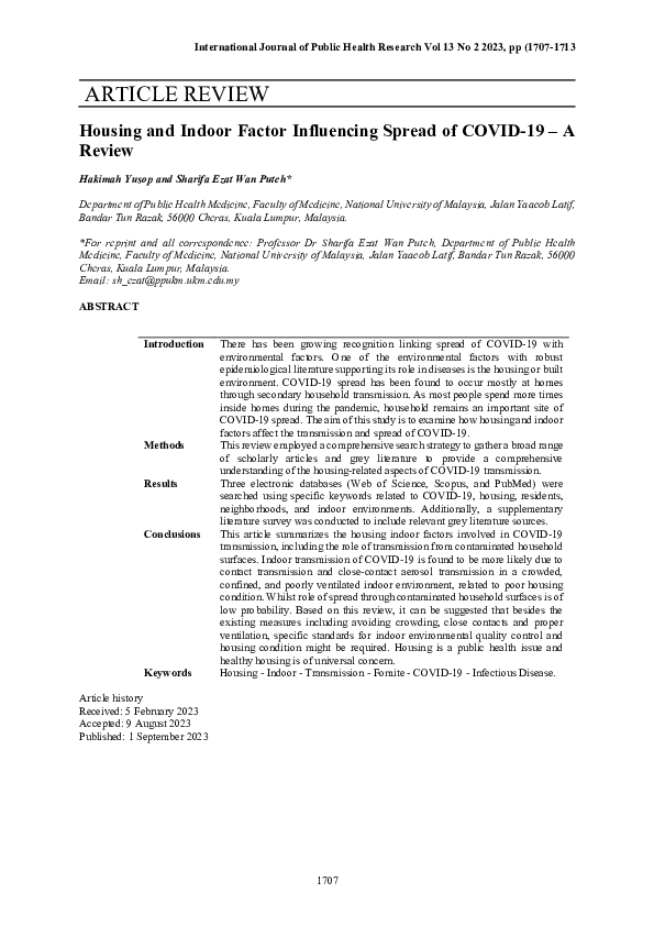 (PDF) Housing and Indoor Factor Influencing Spread of COVID-19. A Review